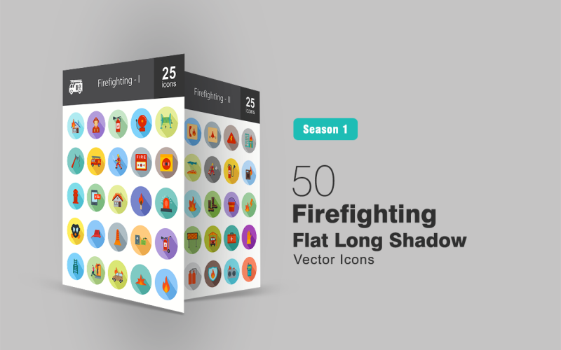 50 iconos planos de larga sombra de extinción de incendios