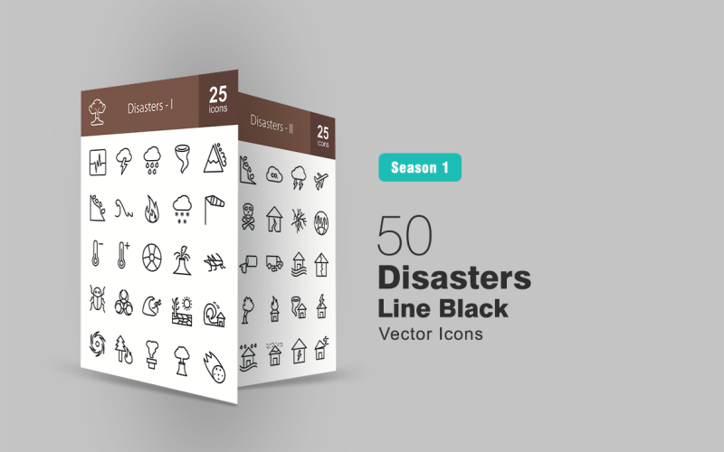50 katasztrófa vonal ikonkészlet
