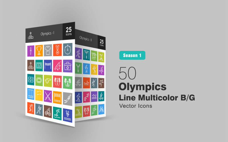 Download Набор иконок "50 Olympics Line Multicolor B/G Icon Set" / 50 Olympics Line Multicolor B/G Icon Set - Набор иконок на тему графика olympics,icon,games,torch,trophy,sports,medal,winners,score,finish,first,aid,field,stadium,whistle,lane,flag,sword,ball,volleyball