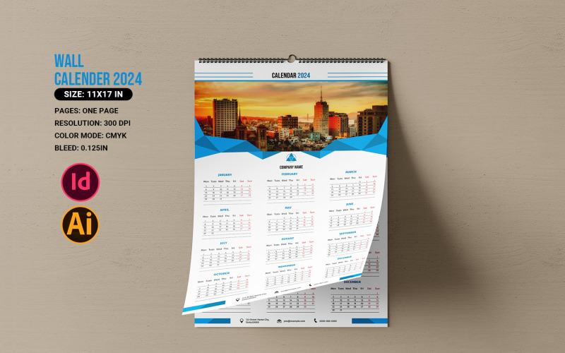 Шаблон настенного календаря для печати на 2024 год