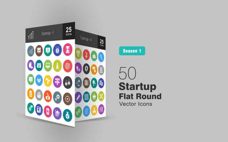 Download Набор иконок "50 Startup Flat Round Icon Set" / 50 Startup Flat Round Icon Set - Набор иконок на тему графика growth,icon,launch,funding,timer,contact,web,design,application,target,code,employees,business,invest,planning,product,profit,mission,support,idea