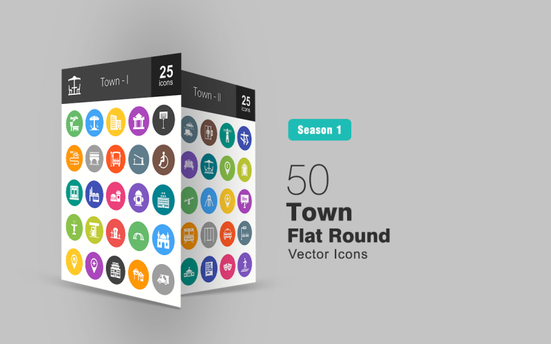 Download Набор иконок "50 Town Flat Round Icon Set" / 50 Town Flat Round Icon Set - Набор иконок на тему графика town,icon,theater,lifestyle,airport,park,bank,apartments,bridge,bus,stop,entrance,factory,fast,food,hotel,fountain,gas,station,graveyard