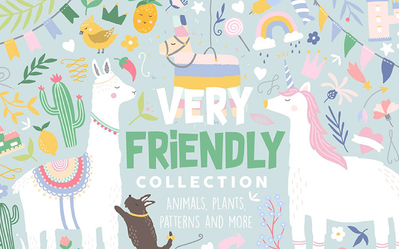 Download Иллюстрация "Very Friendly Collection - Illustration" / Very Friendly Collection - Illustration - Иллюстрация на тему графика plants decorative elements pattern friends party birthday castle princess unicorn llama rainbow bear animals cactus magic logo logos kids baby