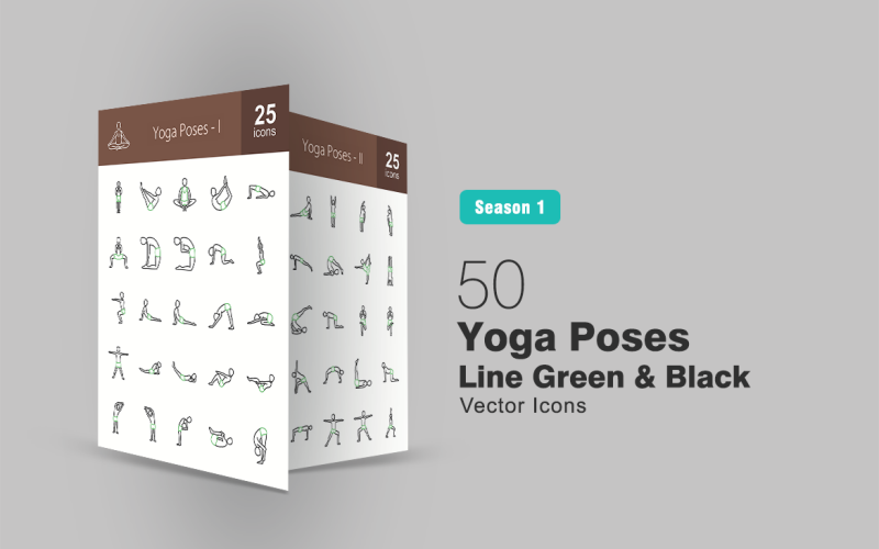 50 yogaställningar Line Green & Black Icon Set