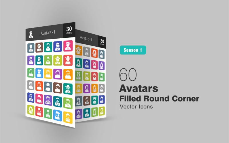 Download Набор иконок "60 Avatars Filled Round Corner Icon Set" / 60 Avatars Filled Round Corner Icon Set - Набор иконок на тему графика avatars,icon,characters,people,person,user,male,female,girl,boy,man,woman,styles,personalities,humans,glasses,scarf,bandana,punk,hairstyle