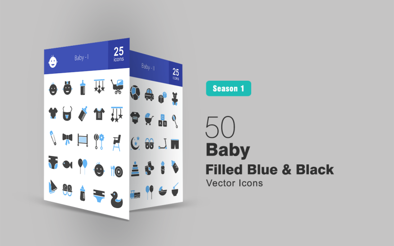 50 Bebek Dolgulu Mavi & Siyah İkon Seti