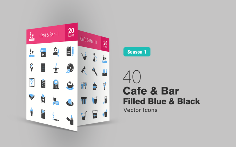 Download Набор иконок "40 Cafe & Bar Filled Blue & Black Icon Set" / 40 Cafe & Bar Filled Blue & Black Icon Set - Набор иконок на тему графика cafe,icon,bar,drinks,barkeeper,menu,music,wifi,orders,coffee,sandwich,fries,lunch,cake,milkshake,cigarettes,lighter,cigar,smoking,pipe