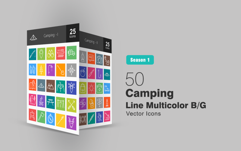 Download Набор иконок "50 Camping Line Multicolor B/G Icon Set" / 50 Camping Line Multicolor B/G Icon Set - Набор иконок на тему графика camp icon camping fishing safari shower boat maps compass trees backpack campfire hat cooking pocket knife lamp wild animal road