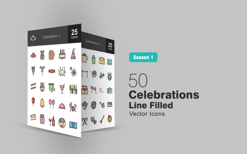 Download Набор иконок "50 Celebrations Filled Line Icon Set" / 50 Celebrations Filled Line Icon Set - Набор иконок на тему графика celebrations icon beer cake hat flowers sausage candy fireworks cocktail roses balloons bells food drums fries wine coffee invitation mafician