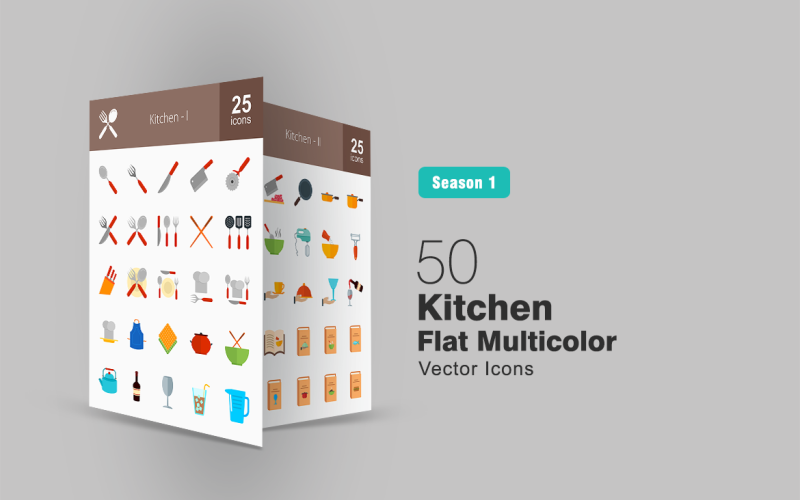50 Conjunto de ícones planos multicoloridos de cozinha