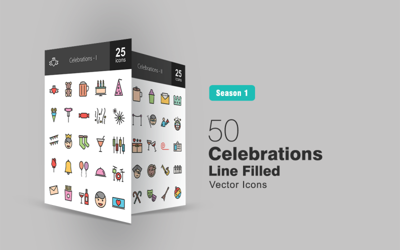 Conjunto de iconos de línea llena de 50 celebraciones