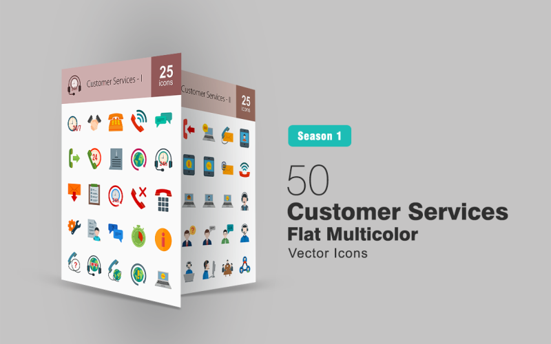 Download Набор иконок "50 Customer Services Flat Multicolor Icon Set" / 50 Customer Services Flat Multicolor Icon Set - Набор иконок на тему графика customer services icon handshake call message communicate help information support checklist configurations data global online contact us email text question