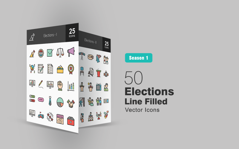 Download Набор иконок "50 Elections Filled Line Icon Set" / 50 Elections Filled Line Icon Set - Набор иконок на тему графика elections icon vote sticker announcement candidate statistics ballot paper casting power option handshake graph campaign stars election day box banner