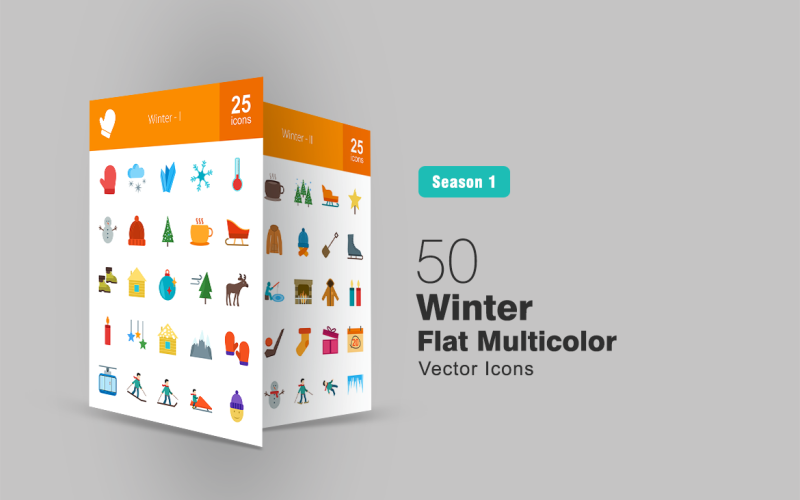 50 Ensemble d'icônes multicolores plat d'hiver