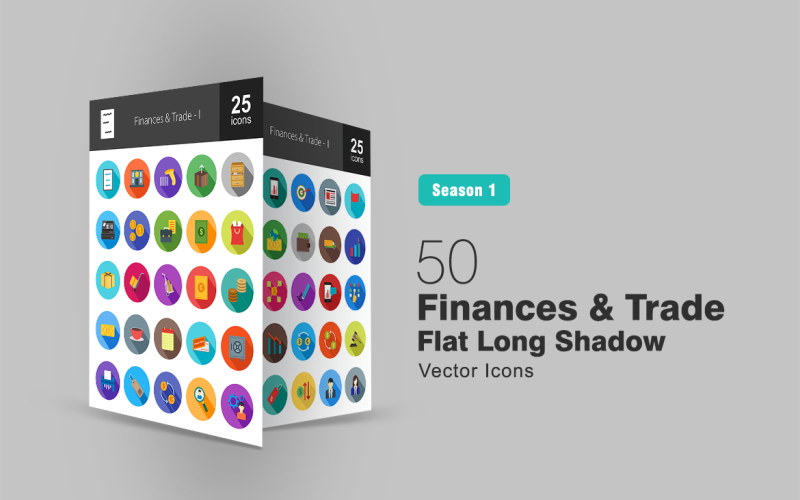 50 Finanze e commercio piatto lungo set di icone ombra