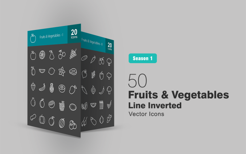 Download Набор иконок "50 Fruits &amp; Vegetables Line Inverted Icon Set" / 50 Fruits &amp; Vegetables Line Inverted Icon Set - Набор иконок на тему графика fruits,icon,apple,orange,pear,cherry,grapes,plum,lemon,strawberry,banana,mango,melon,peach,coconut,raspberry,kiwi,vegetable,carrot,cucumber