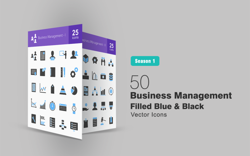 50 gestión empresarial lleno de conjunto de iconos azul y negro