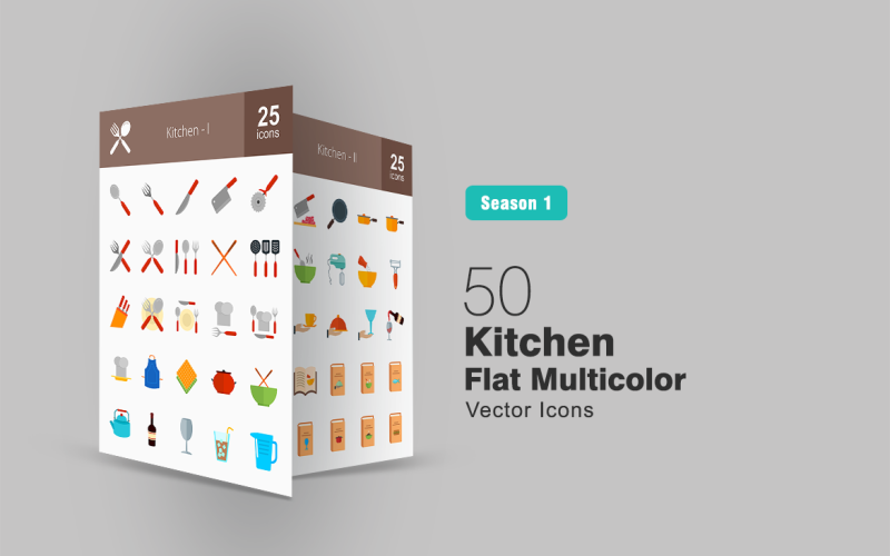 Download Набор иконок "50 Kitchen Flat Multicolor Icon Set" / 50 Kitchen Flat Multicolor Icon Set - Набор иконок на тему графика kitchen icon spoon fork knife plate chef apron napkin food kettle wine bottle glass drink pitcher pan cooking stove board