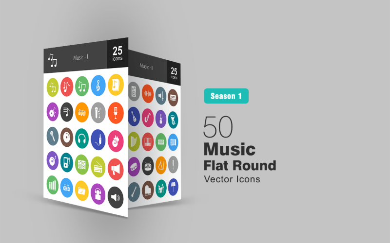 50 musik platt rund ikonuppsättning