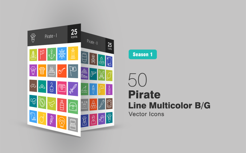 Download Набор иконок "50 Pirate Line Multicolor B/G Icon Set" / 50 Pirate Line Multicolor B/G Icon Set - Набор иконок на тему графика pirate,icon,boat,ship,anchor,lighthouse,flag,hat,hook,treasure,sword,necklace,rum,bottle,map,cannon,ball,parrot,barrel,scroll