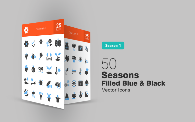 Download Набор иконок "50 Seasons Filled Blue & Black Icon Set" / 50 Seasons Filled Blue & Black Icon Set - Набор иконок на тему графика seasons icon spring flower birds plan butterfly fruits bee kite park summer beach sunbathe sunny temperature rain snow winters windmill