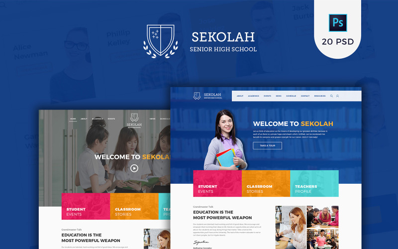 Download PSD шаблон "Sekolah - Senior High School PSD Template" / Sekolah - Senior High School PSD Template - PSD шаблон на тему графика academic blog blue event excursion high school modern psd schedule student teacher