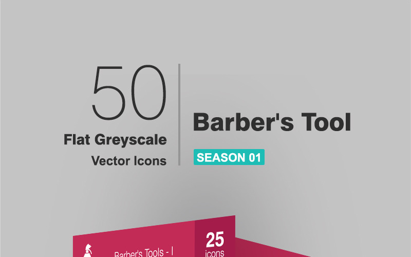 Set di icone in scala di grigi piatto 50 strumenti da barbiere