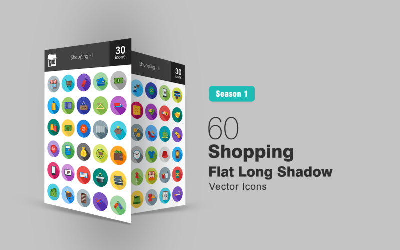 60 Shopping Flat Long Shadow Ikonuppsättning