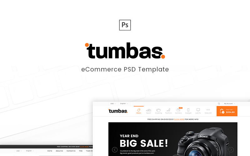 Download PSD шаблон "Tumbas - eCommerce PSD Template" / Tumbas - eCommerce PSD Template - PSD шаблон на тему графика camera clean ecommerce electronic gadget marketplace modern online shop store retail shopping template