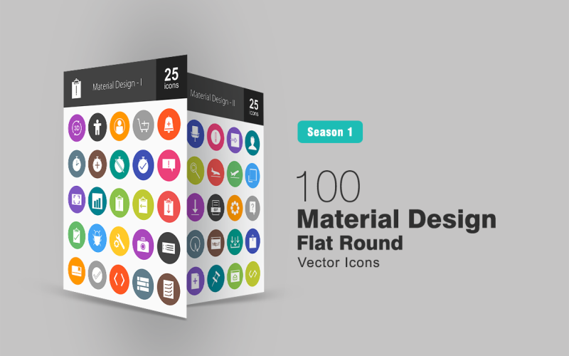 Zestaw 100 płaskich okrągłych ikon projektowania materiałów