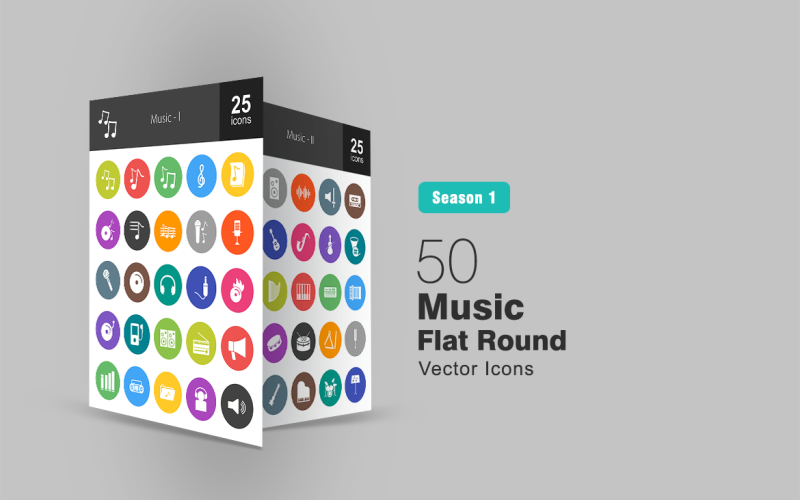 Zestaw 50 płaskich okrągłych ikon muzyki