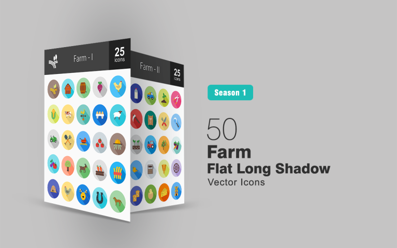 50 boerderij platte lange schaduw pictogramserie