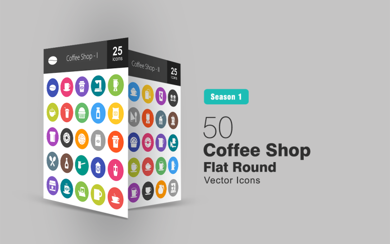 Download Набор иконок "50 Coffee Shop Flat Round Icon Set" / 50 Coffee Shop Flat Round Icon Set - Набор иконок на тему графика coffee,icon,shop,cup,mug,blender,hot,chocolate,shake,muffin,milk,sugar,toast,doughnut,cookie,tea,spoon,syrup,kettle,cream