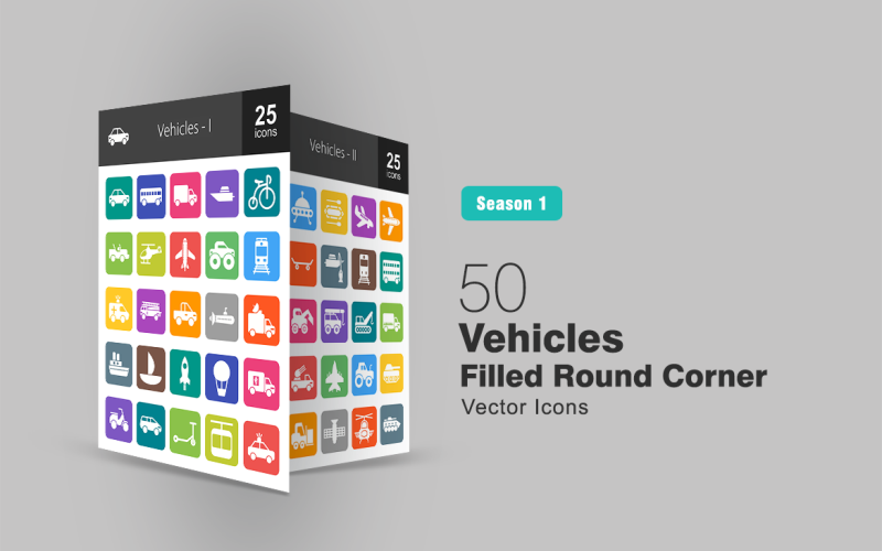 Conjunto de ícones de 50 veículos preenchidos com cantos redondos