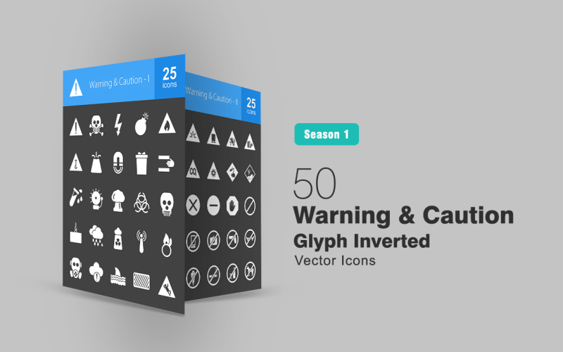 Conjunto de iconos invertidos de 50 glifos de advertencia y precaución