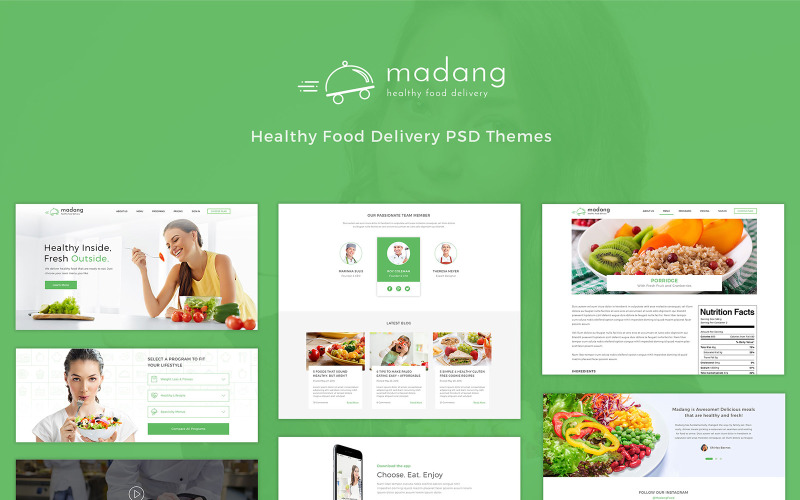 Download PSD шаблон "Madang - Healthy Food Delivery PSD Template" / Madang - Healthy Food Delivery PSD Template - PSD шаблон на тему графика delivery provider diet food fresh gluten free green healthy low cholesterol meal psd service template