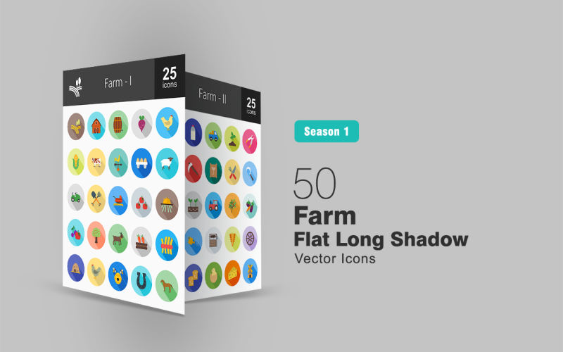 Zestaw ikon 50 farm płaski długi cień