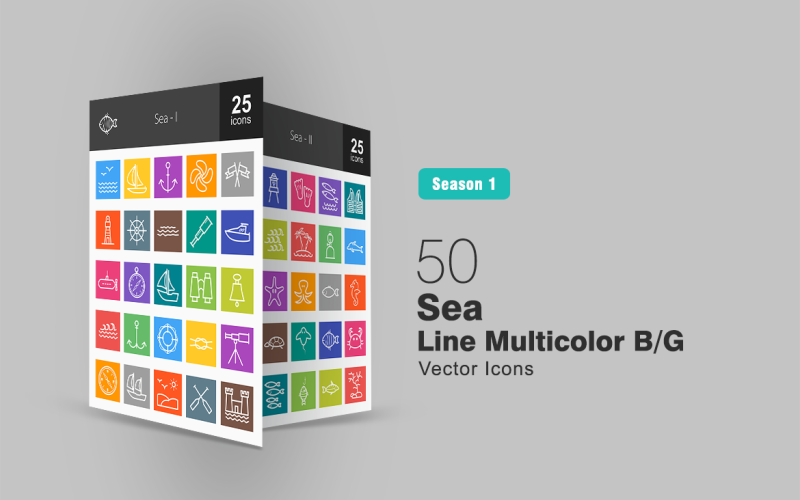 Conjunto de ícones 50 Sea Line Multicolor B / G