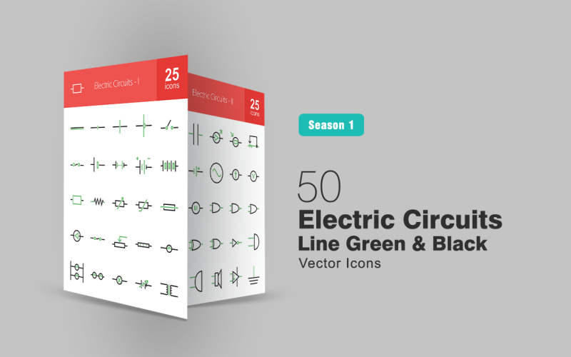 Download Набор иконок "50 Electric Circuits Line Green & Black Icon Set" / 50 Electric Circuits Line Green & Black Icon Set - Набор иконок на тему графика electric icon circuits wire connection switch cell battery resistor fuse lamp heating element transformer inductor capacitor diode motor ammeter iconbunny