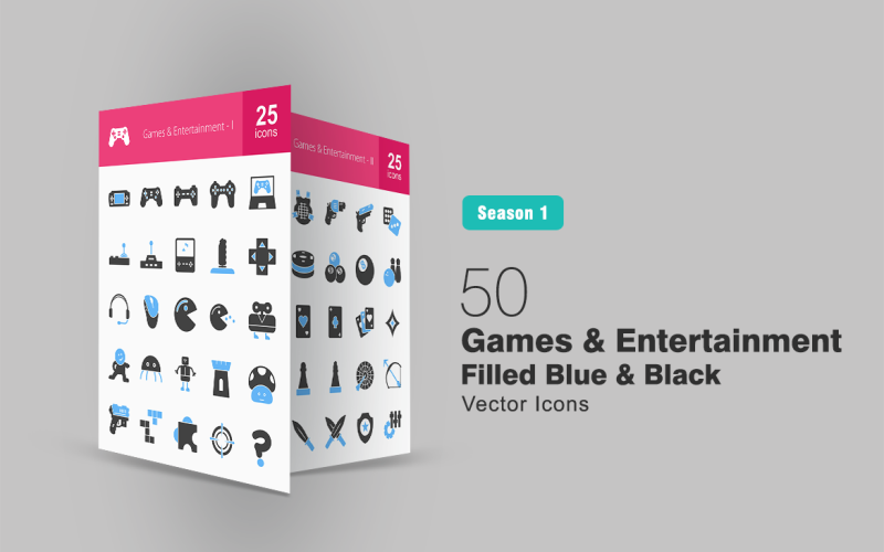 50 games en entertainment gevuld blauw en zwart pictogramserie
