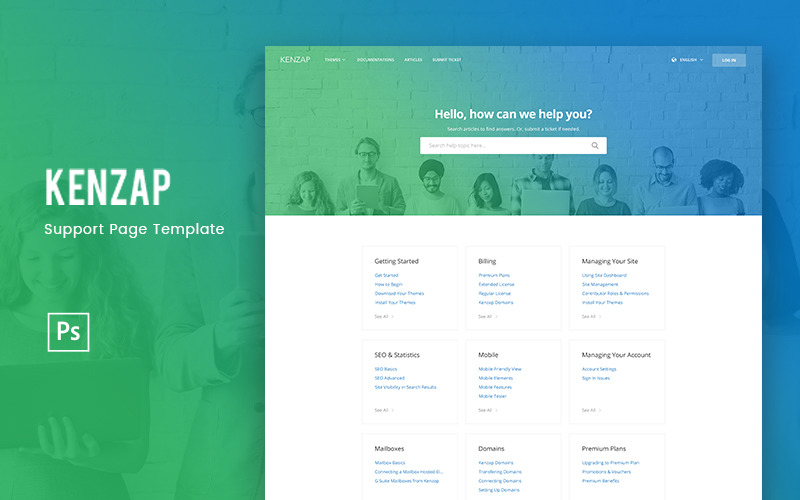 Download PSD шаблон "Kenzap - Help Support Page PSD Template" / Kenzap - Help Support Page PSD Template - PSD шаблон на тему графика client company gradient product subscriber support page template users
