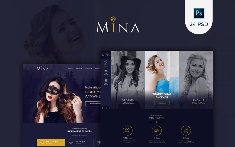 Download PSD шаблон "Mina - Beauty Salon Makeup PSD Template" / Mina - Beauty Salon Makeup PSD Template - PSD шаблон на тему графика artisan artist beauty blue booking dark eye facial hair light makeup psd service template