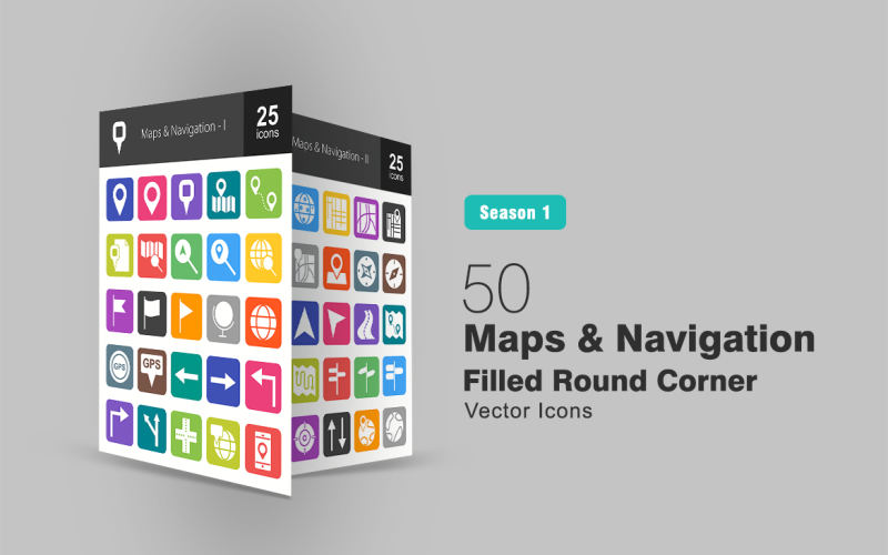 Sada ikon s rohovými rohy vyplněných 50 mapami a navigací