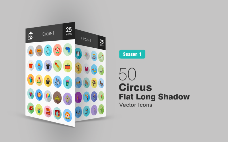 50 set di icone piatte lunga ombra del circo