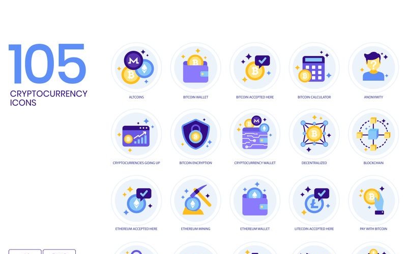 Download Набор иконок "105 Cryptocurrency Icons - Lavender Series Set" / 105 Cryptocurrency Icons - Lavender Series Set - Набор иконок на тему графика 