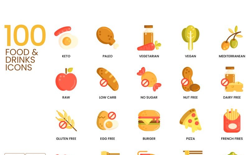 100 Food _ Drinks Icons - Caramel Series Set