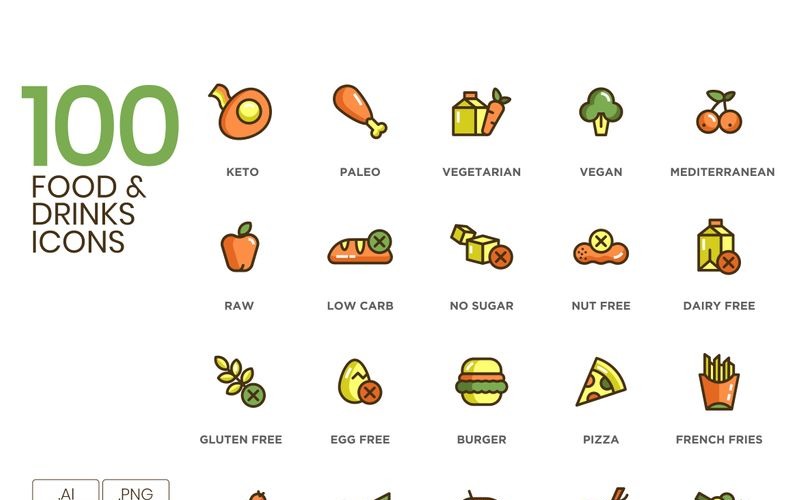 Download Набор иконок "100 Food _ Drinks Icons - Eco Series Set" / 100 Food _ Drinks Icons - Eco Series Set - Набор иконок на тему графика 