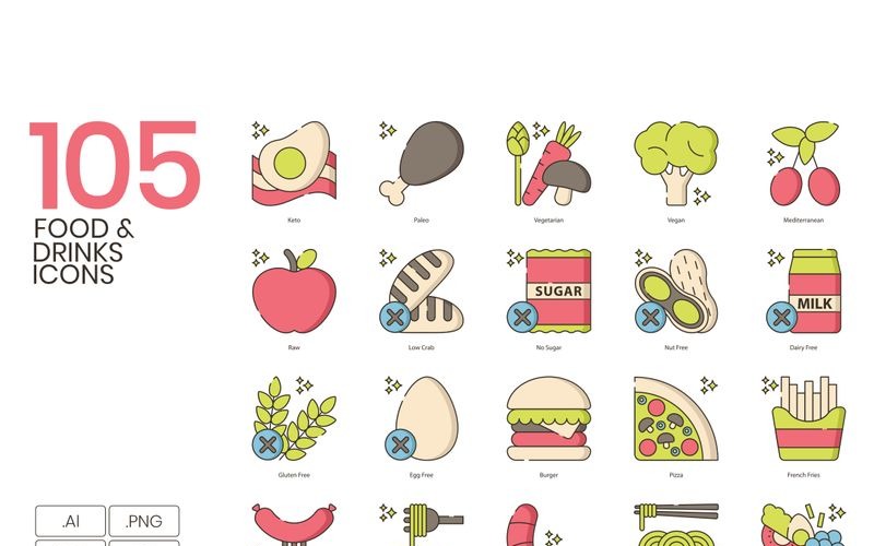 Download Набор иконок "105 Food _ Drinks Icons - Hazel Series Set" / 105 Food _ Drinks Icons - Hazel Series Set - Набор иконок на тему графика 