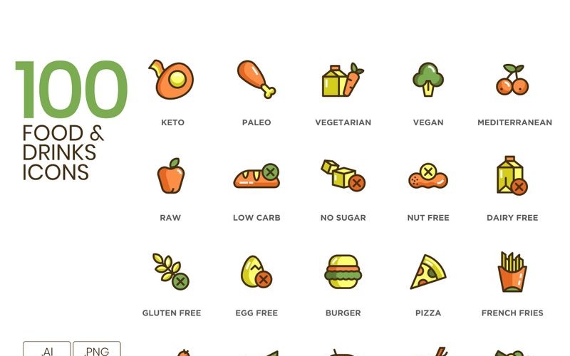 100 Food _ Drinks Icons - Set der Eco-Serie