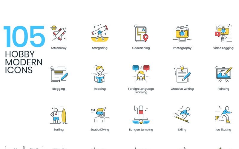 Download Набор иконок "105 Hobby Icons - ColorPop Series Set" / 105 Hobby Icons - ColorPop Series Set - Набор иконок на тему графика 